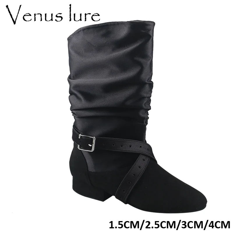 

Venus lure Customized Heel Dance VF Boots for Women Zipper Black Satin and Faux Suede Line Dancing Boots