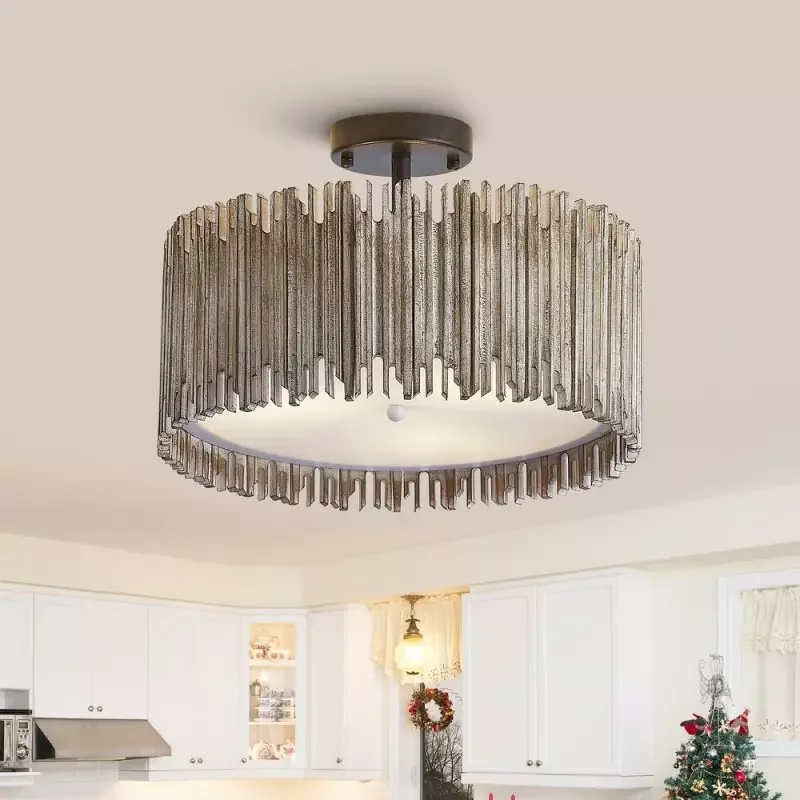 semi-recessed ceiling lamp, drum-shaped retro ceiling lamp with stained glass, suitable for foyer
