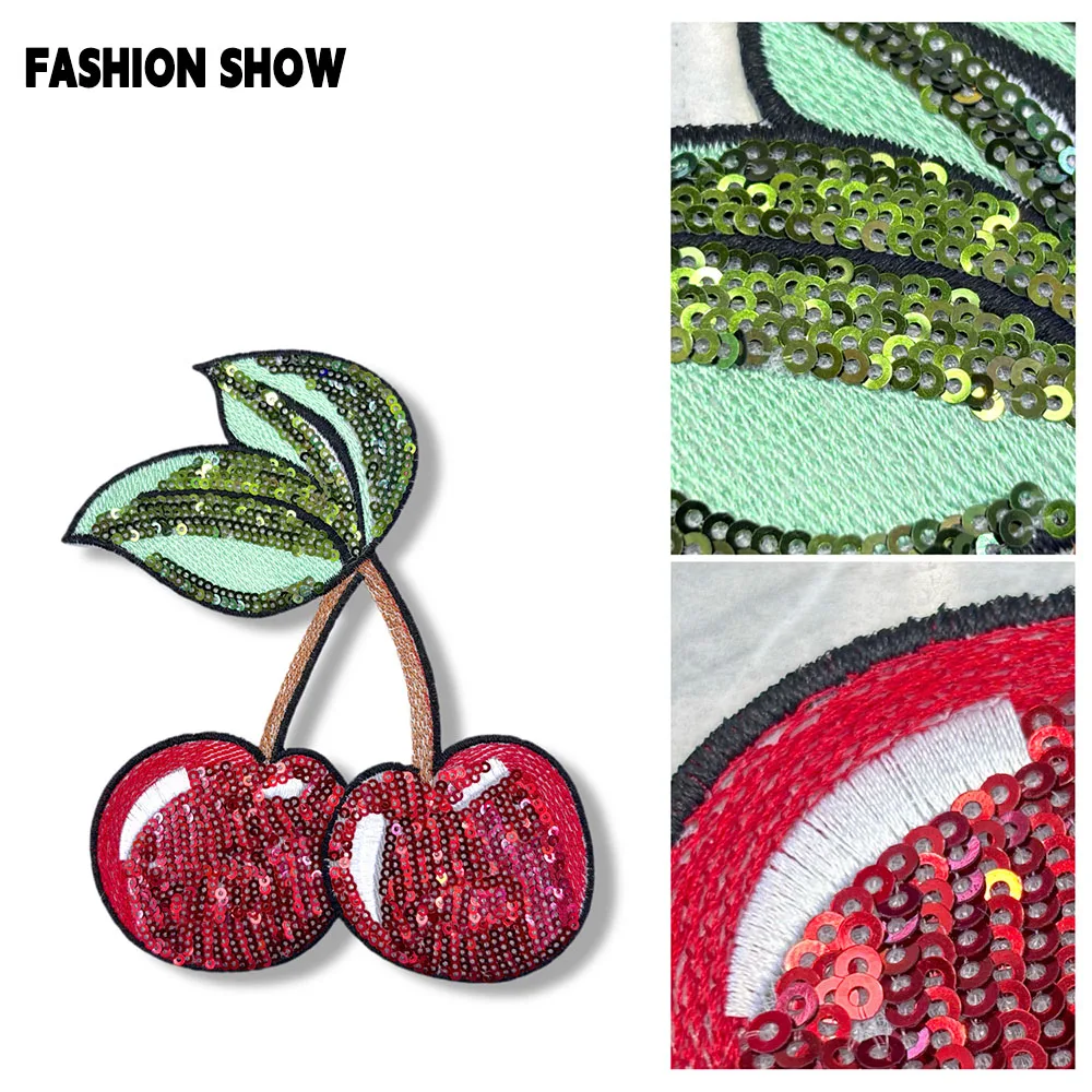 Sequin Cherry Embroidery Patch, Can Be Ironed or Sewn by Hand, Clothing DIY Decorative Patch, Trendy Brand Sweatshirt Decoration Clothing Accessories, Personalized Customization