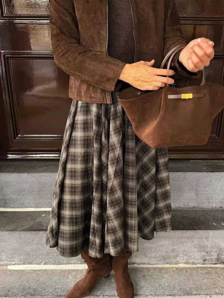HH Vrouw Mode Losse Rits Rok Vrouwen Chic Plaid Geplooide decoratie Midi Rok Casual Hoge Taille Street Style Rok 2 Kleuren
