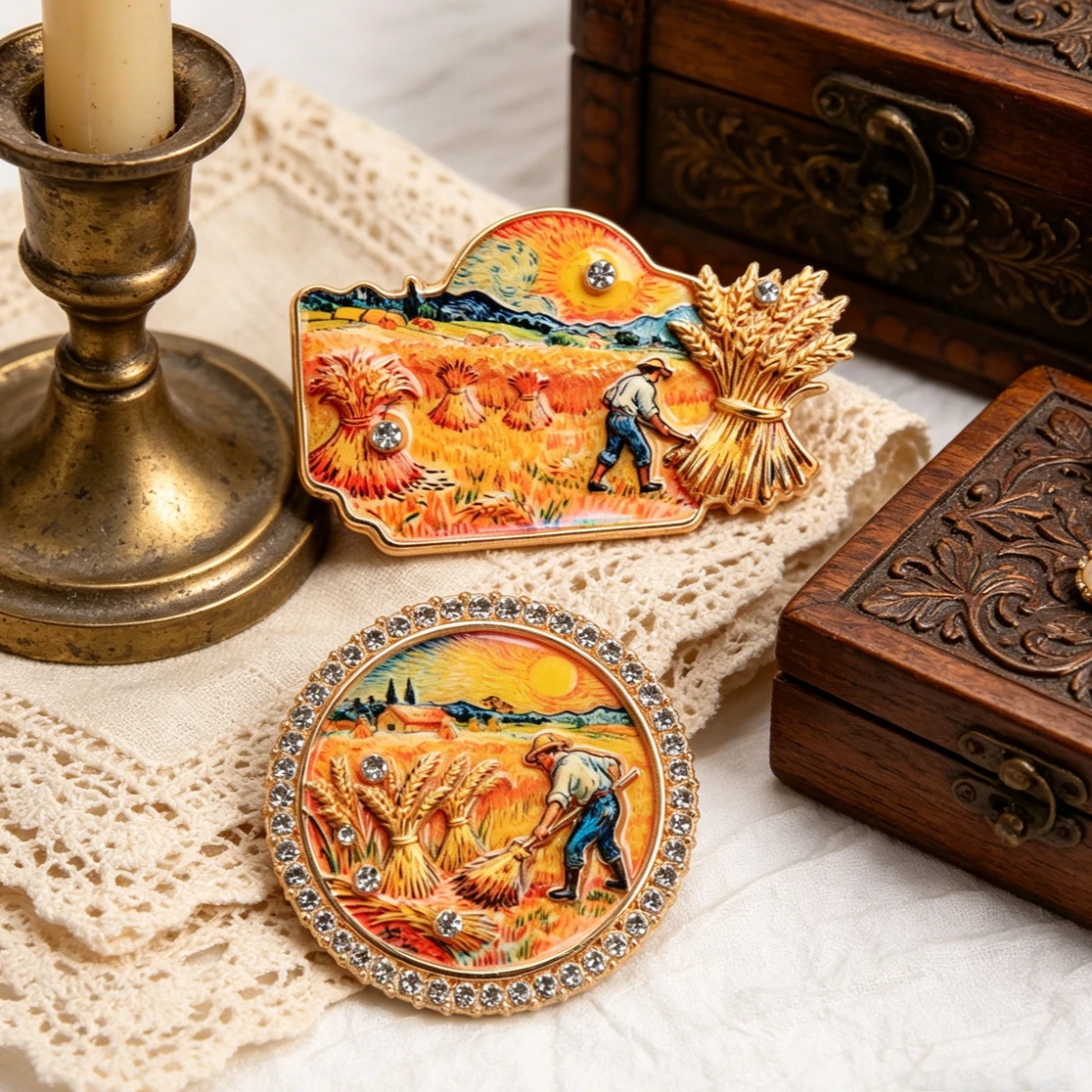 Vintage Oil Painting Art Wheat Field Enamel Brooch "The Reaper" Lapel Pin Rhinestone Jewelry Gift for Women Men Round Badges view 3