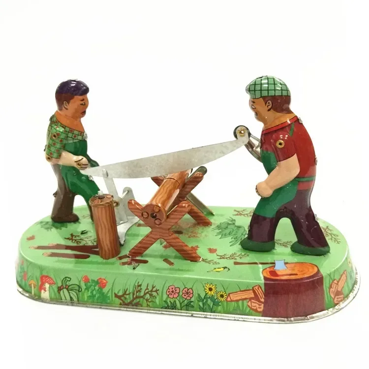 [Funny] Adult Collection Retro Wind up toy Metal Tin Saw woodworking sawyer man Mechanical Clockwork toy figures model kids gift