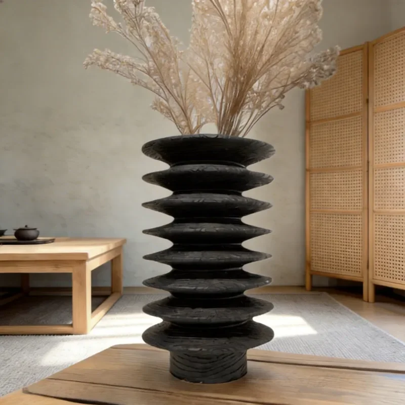 Handmade Wabi Sabi Black Carbonized Wood Vase Home Decor Living Room Bedroom Ornament Photography Props Rustic Style
