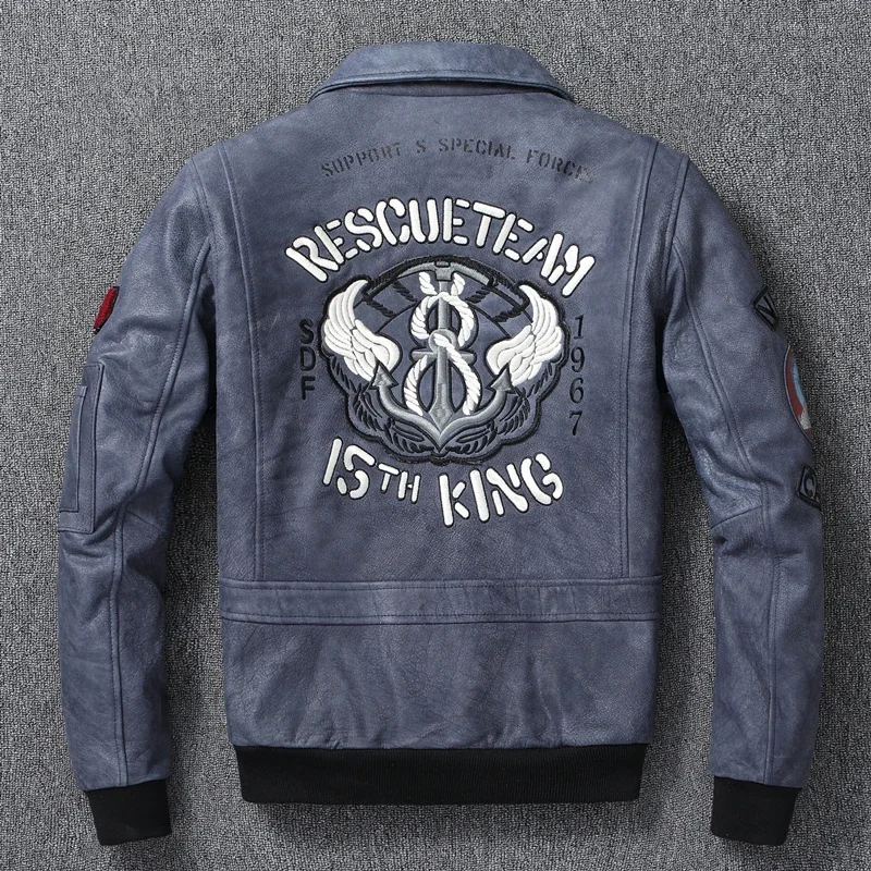 Aviator Military A2 Flight Coat Top Layer Cow Men Genuine Leather Jacket  Embroidered Skull Bomber Clothes Autumn  New Overcoat