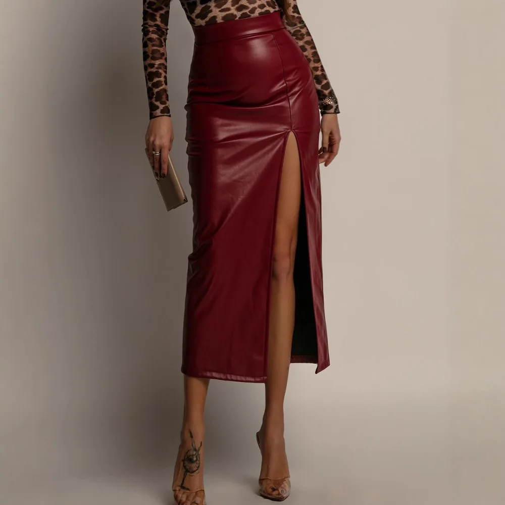 

Vintage Leather Skirt Women High Waist Long Skirt for Woman Side Slit Slim Fit Hip Hugging High Street Woman's Midi Skirt 2026