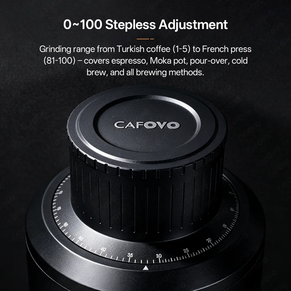 CAFOVO G163CV Variable Speed Single-Dose 100-500RPM Espresso Grinder 63mm Conical Burr Plasma Anti-Static Stepless for Barista