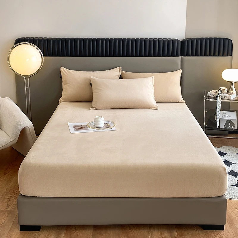 Solid Color Milk Velvet Fitted Sheet Autumn Winter Warm Mattress Protector Cover Single Double Size Non Slip Plush Bed Sheet Set