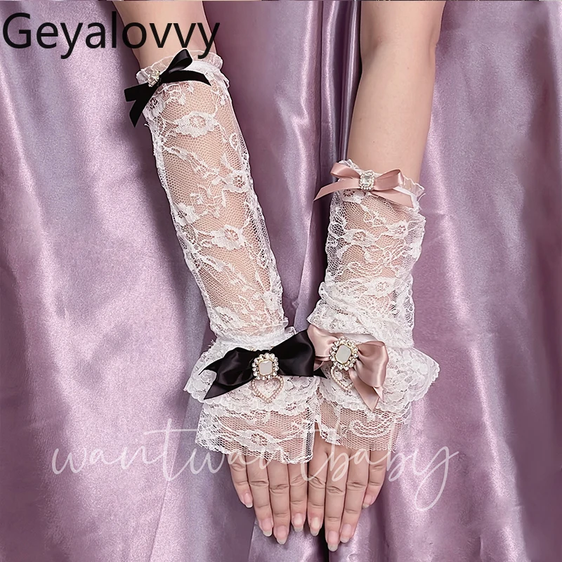 الأصلي الإنتاج الضخم لوليتا Bowknot حجر الراين الدانتيل أكمام أذرع تبريد الحلو لطيف الفتيات تنوعا حماية من الشمس قفازات طويلة الأكمام