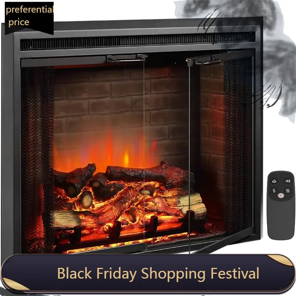 Klaus Electric Fireplace Insert with Fire Crackling Sound, Glass Door and Mesh Screen, 750/1500W, Black, 33 1/16 Inches Wide