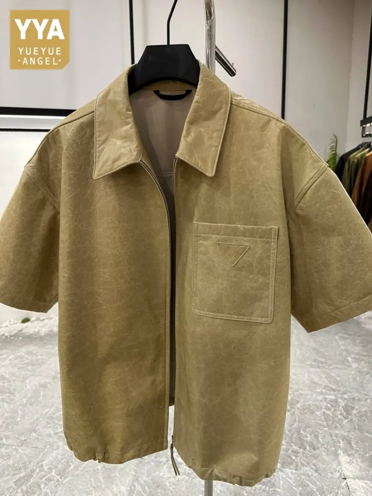 

High Quality Goatskin Genuine Leather Jacket Male Summer Loose Fit Zipper Casual Outerwear Lapel Short Sleeve Vintage Mens Coat