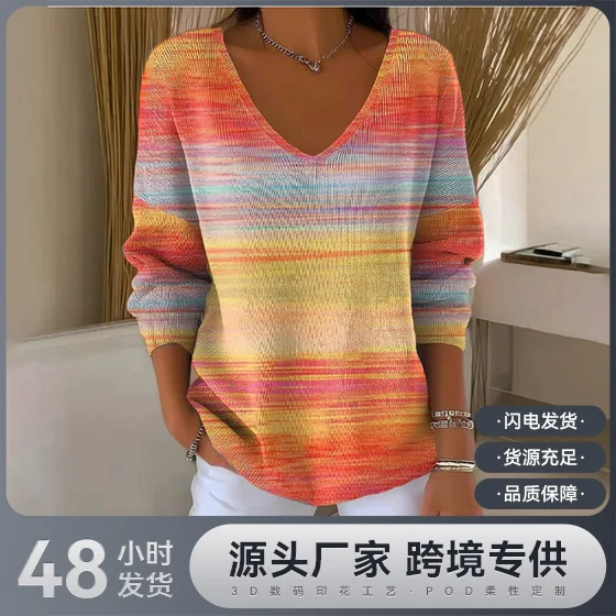 

2025 New Shoulder V-neck Long-sleeved Pullover Printed Women's Top T-shirt