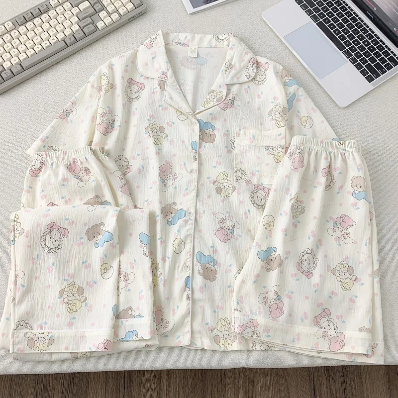 

Kawaii Cartoon Cute Cat Print Plus Size Pajamas Set 2 Piece Woman Spring Summer Casual Soft Pajamas Set Sweet Cute Sleepwear
