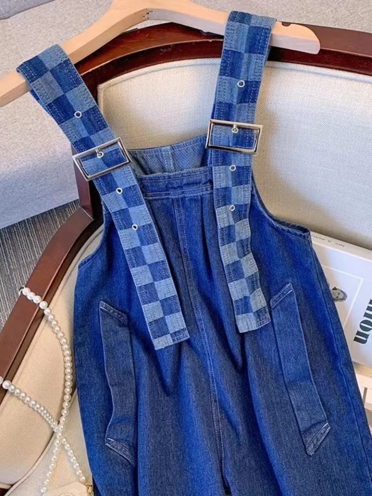 Denim Jumpsuits Women Plaid Baggy Straight Wide Leg Casual Harajuku Sweet Students Age-reducing Summer Korean Style Retro Ins