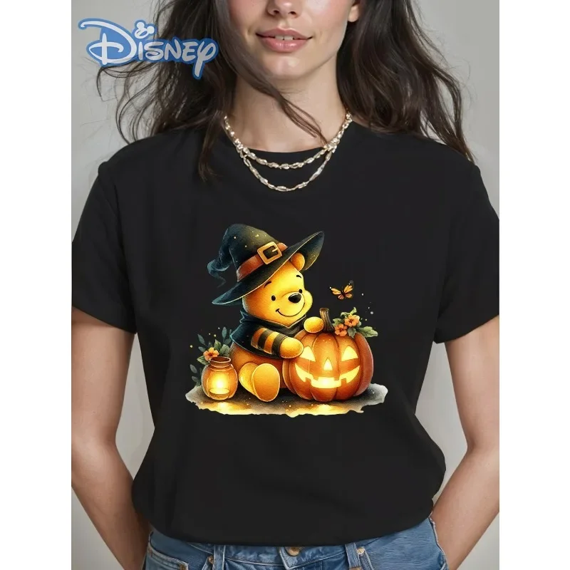 

Pooh Bear Halloween Pumpkin Lantern Print T-shirt Disney Women's New Plus Size American Trend Loose Casual Short-sleeved Top