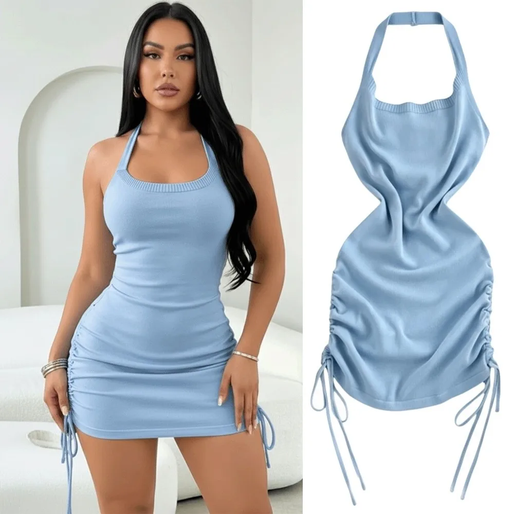 Solid Color Halter Neck Dress Sleeveless Design Ruched Side Mini Dress Drawstring Stretchy Knit Bodycon Dress Women Summer Wear
