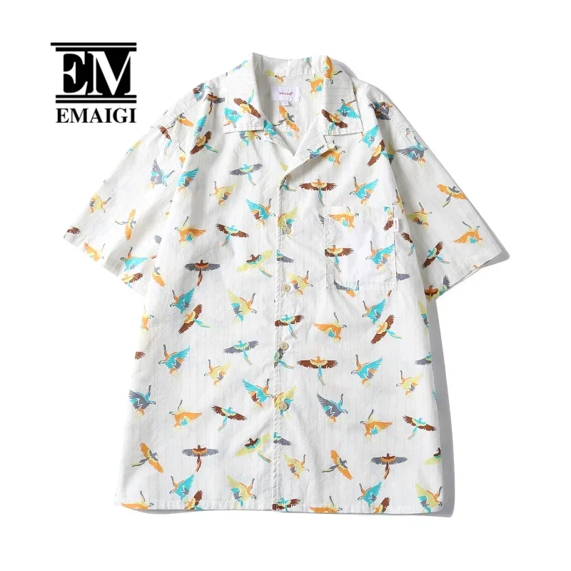 

Summer Men Cityboy Birds Print Streetwear Loose Casual Oversize Short Sleeve Stripe Shirt Man Blouses Cuban Collar Hawaii Shirts