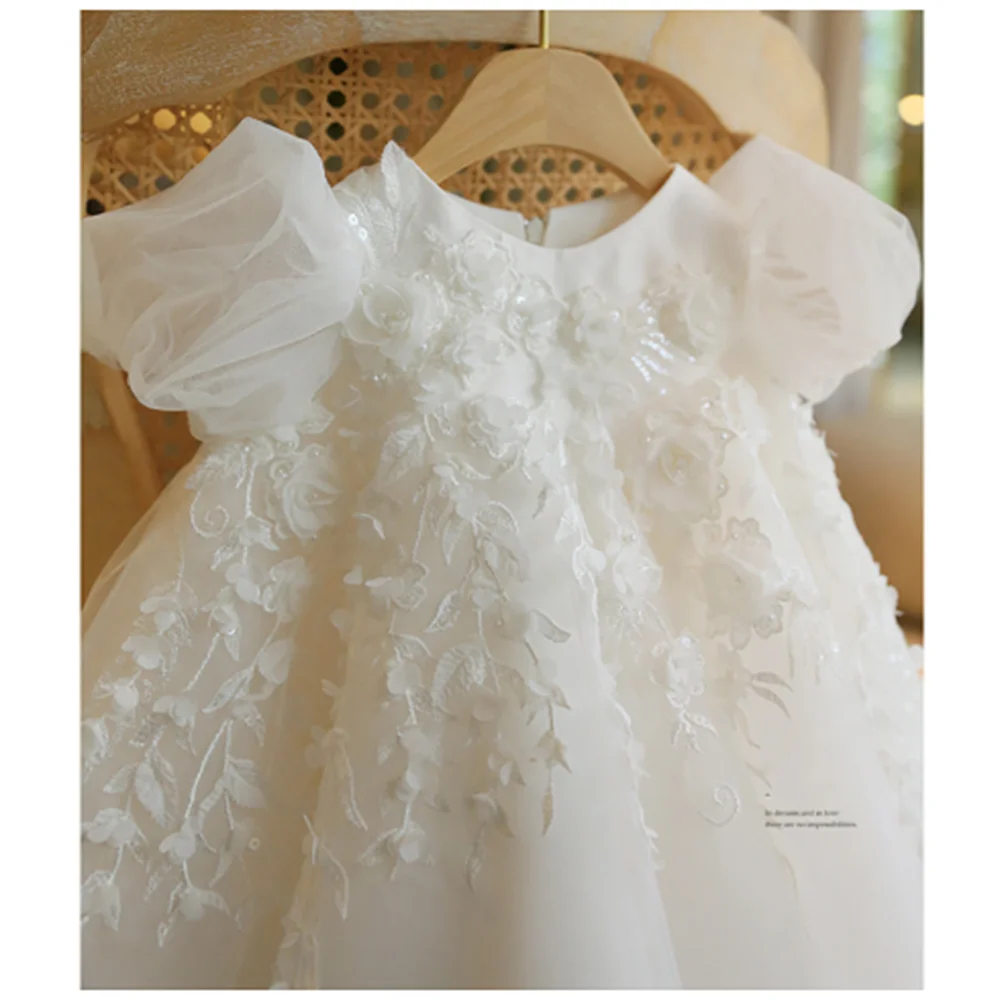 Vestido de princesa de cintura alta para batismo, branco, aniversário de bebê, casamento, flor, vestido de menina, fofo, personalizado, vestido de