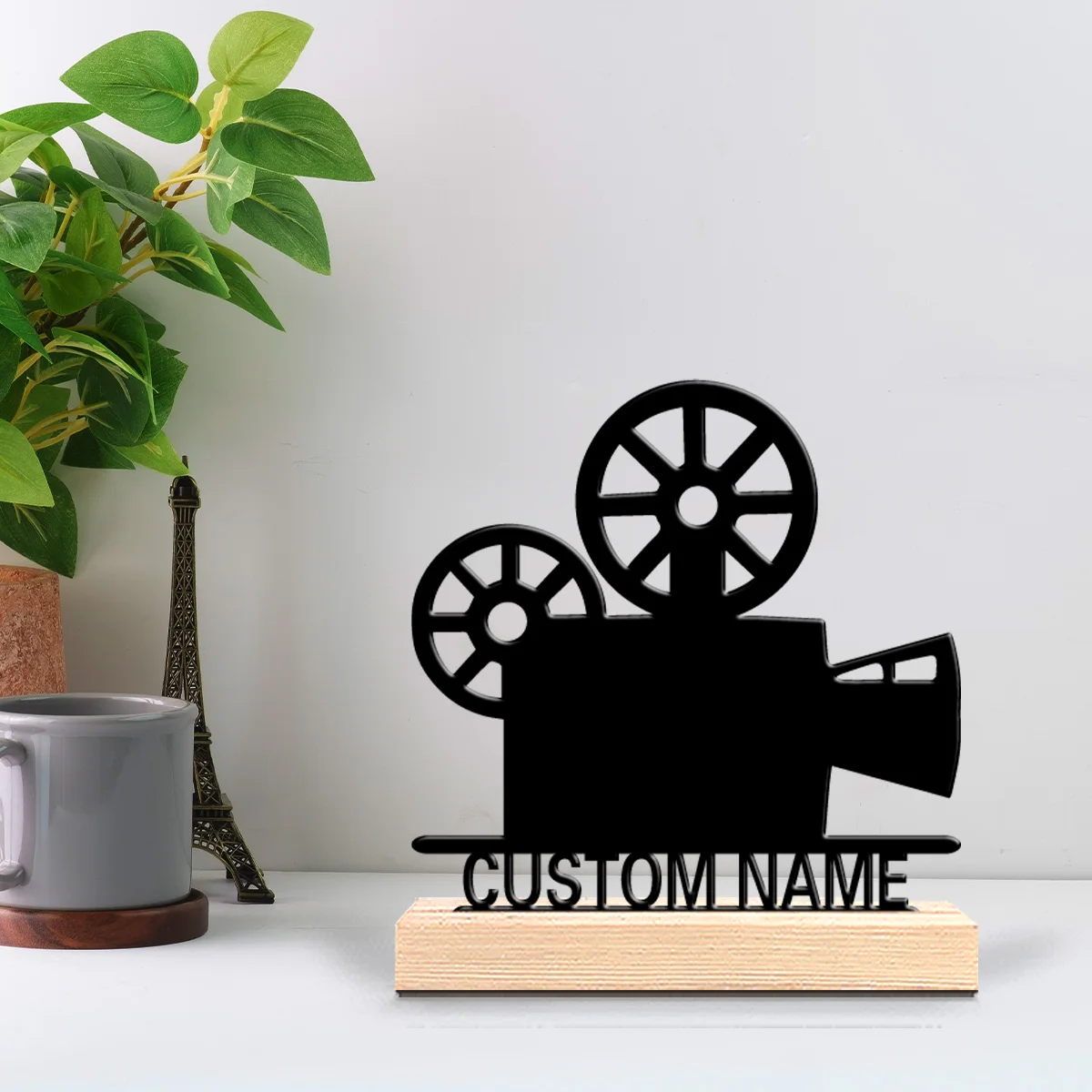 1pc movie projector Custom Name Metal Statue Metal Ornament Art Figurine With Wood Base Iron Sculpture For Girl Gifts
