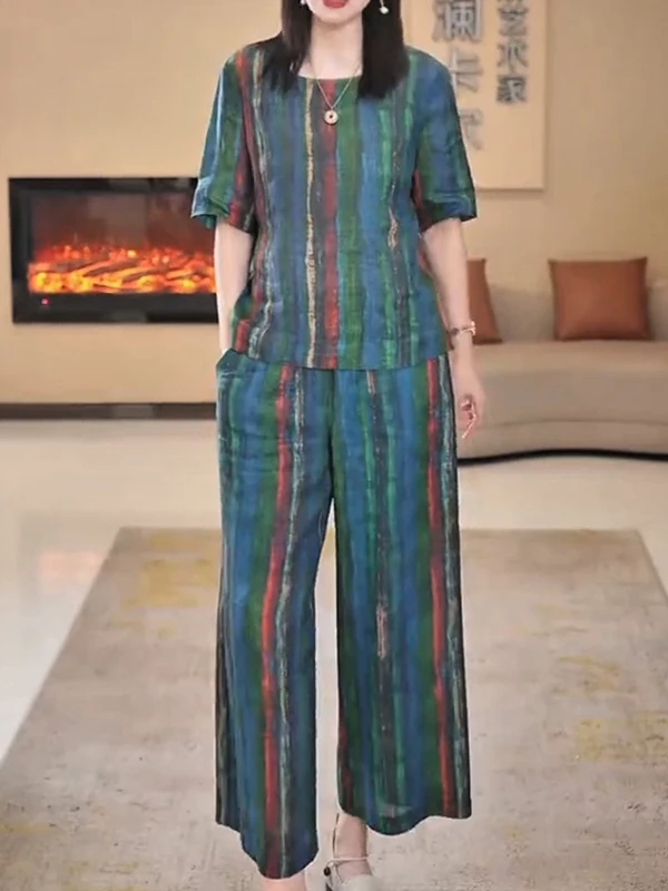 Summer New Color Stripe Short Sleeve T-Shirt Wide Leg Pants Two Piece Set Women Loose Large Size Old Money Style Fashion Set