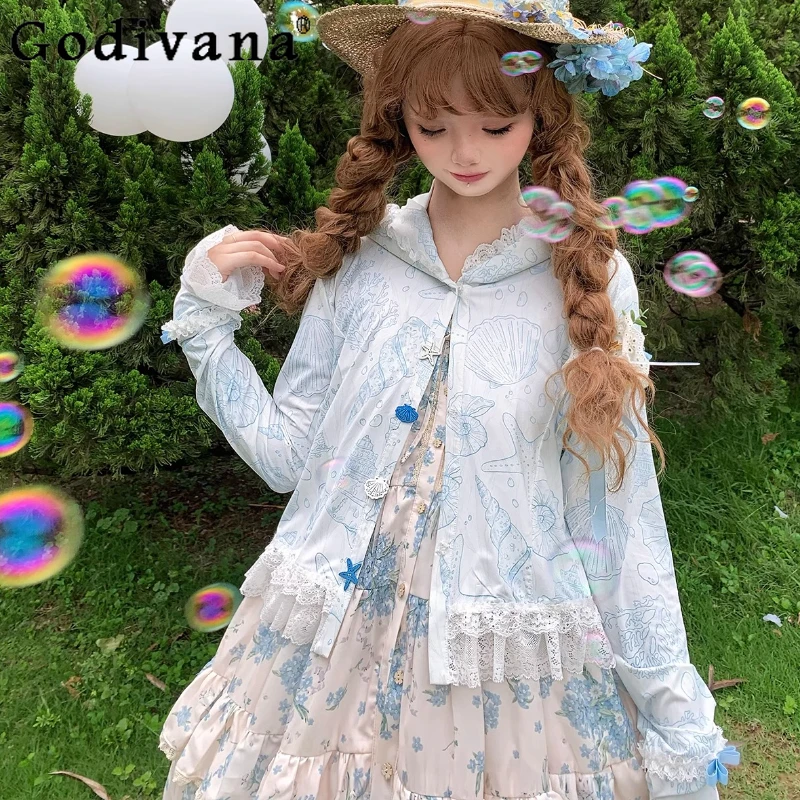 

Лолита, весна-лето, женская милая кружевная рубашка с длинным рукавом, уменьшающая возраст, солнцезащитная рубашка для девочек, модный возрастной топ с капюшоном и принтом ракушек
