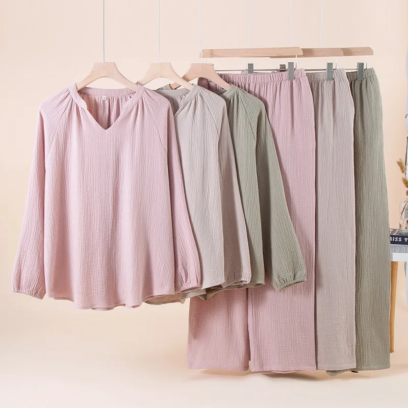 Solid Color Simple Cotton Double-layer Gauze Pajamas Women's Autumn Thin Long-sleeved Trousers Home Suit V-neck Loose Loungewear