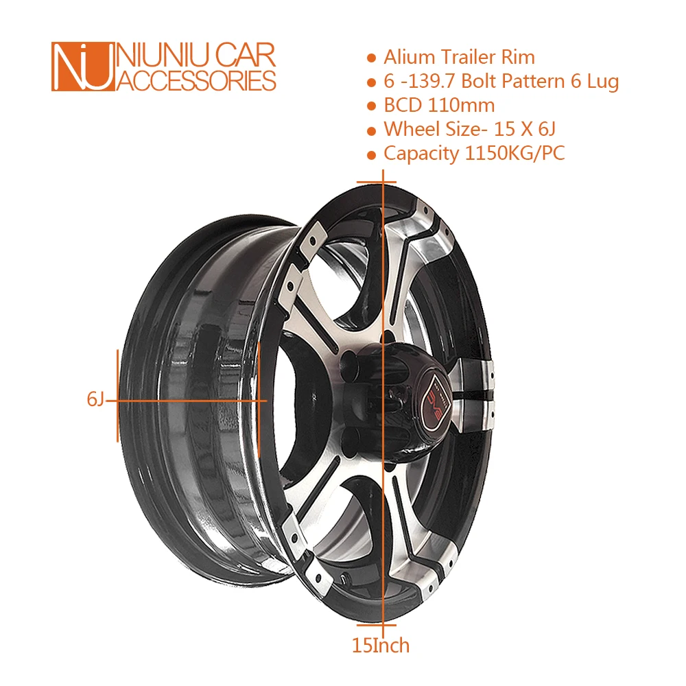 15 Inch X 6J Alium Trailer Rim 6 - 139.7 Car Bolt Pattern Capacity 1150KG ET0 Caravan Boat RV Parts Accessories