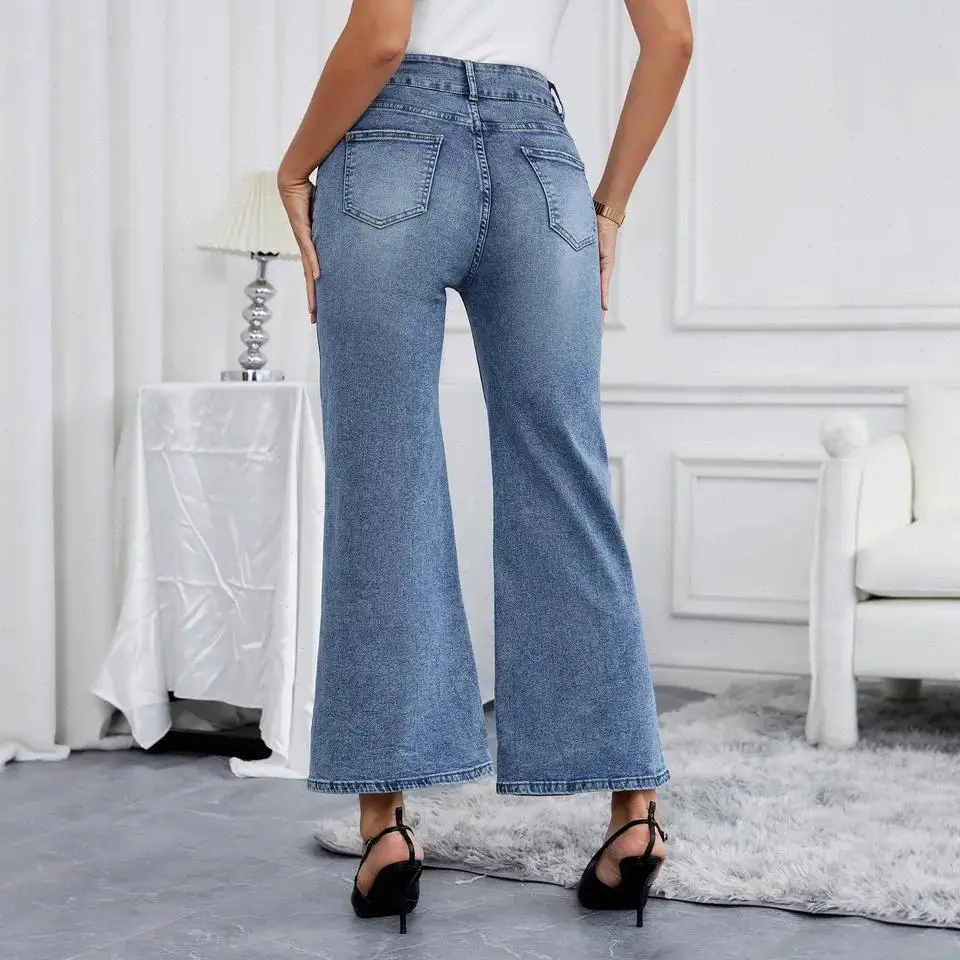 Women Denim Pants Vintage Flare Pant Pockets Casual Trousers High Waist Spliced  Solid Ladies Distressed Jeans Autumn Winter