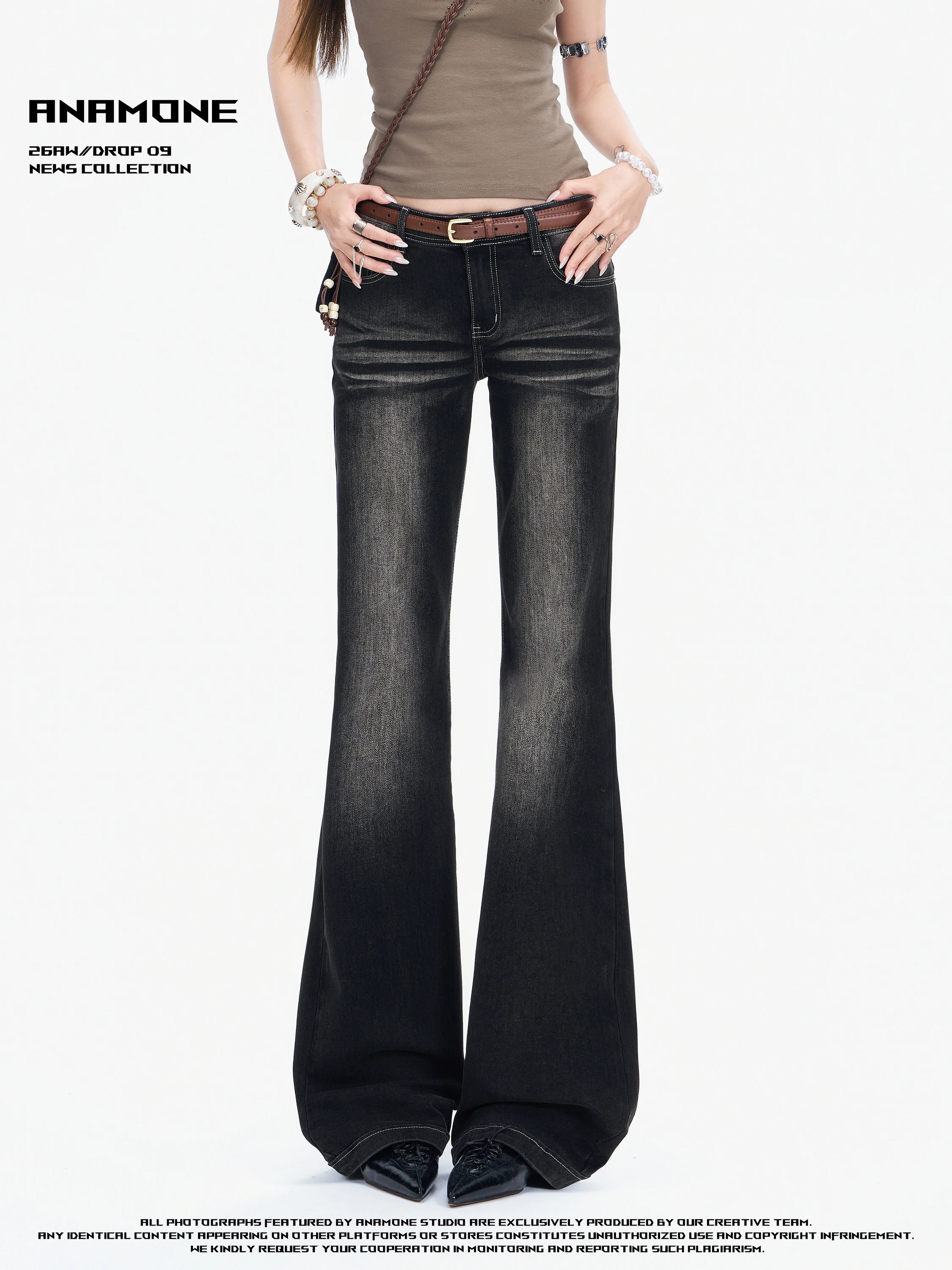 Low Waist  Denim Jeans Women's Autumn High Sensation Black Grey Non-Matching Flared Pants Korean Style Casual Wide Leg