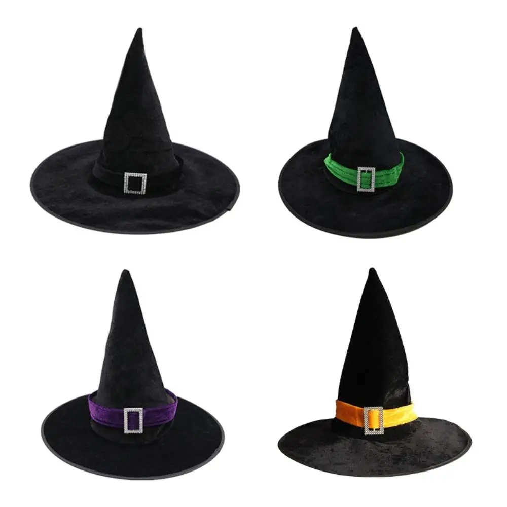 

Cool Velvet Halloween Witch Wizard Hat Bending Angle Gilding Halloween Hat Satin Ribbon Costume Props Devil Cap Children