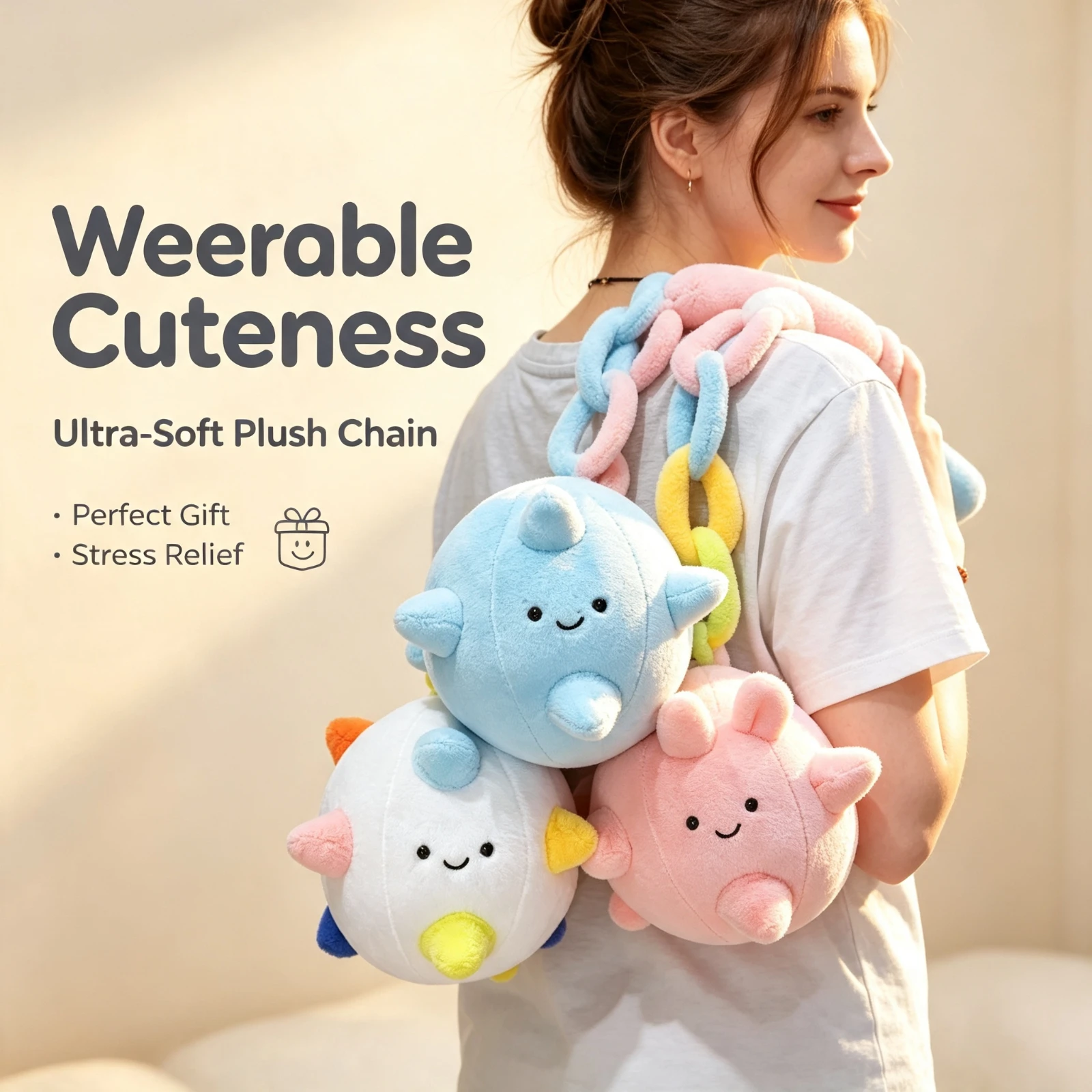 75cm Cute Fluffy Plush Toy Chain, Link Ball Stuffed Animal Soft Hammer, Doll Stress Relief Pillow Birthday Gift, For Kids Adults