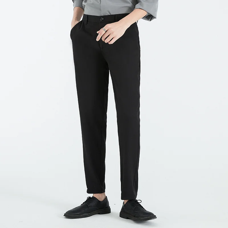 High End Fashion Korean Casual Straight Cropped Pants Men\'s Solid Patchwork Button Zipper Pocket Trendy Loose Simple Trousers