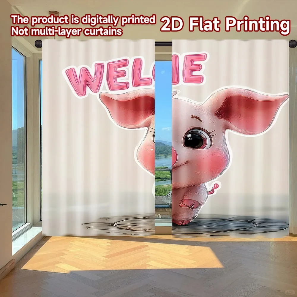 

2D flat printing 2pcs Curtains Welcome Smiling Cartoon Pig Digital Printed Polyester Drapes Seasonal Party & Holiday Decor