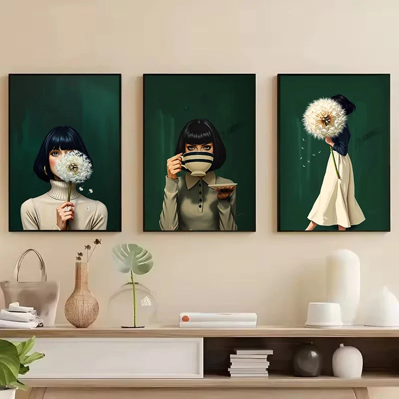 Emerald Green Woman with Dandelion Canvas Prints Poster Modern Minimalist Abstract Art Painting Living Room Wall Art Home Decor
