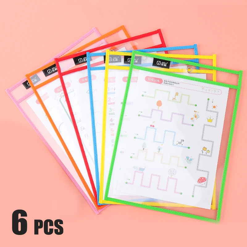 6pcs A4 Reusable File Dry Erase Pockets with Pen Transparent Bag for Kid Write and Wipe Whiteboard Markers for Teaching Supplies