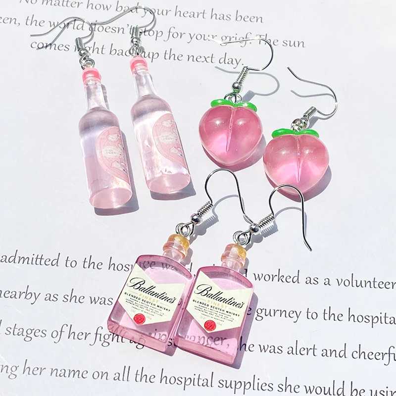 Transparent Pink Bottles Peach Drop Earrings Cute Funny Romantic 3D Simulation Fruit Drink Pendant Earring Women Gift Jewelry