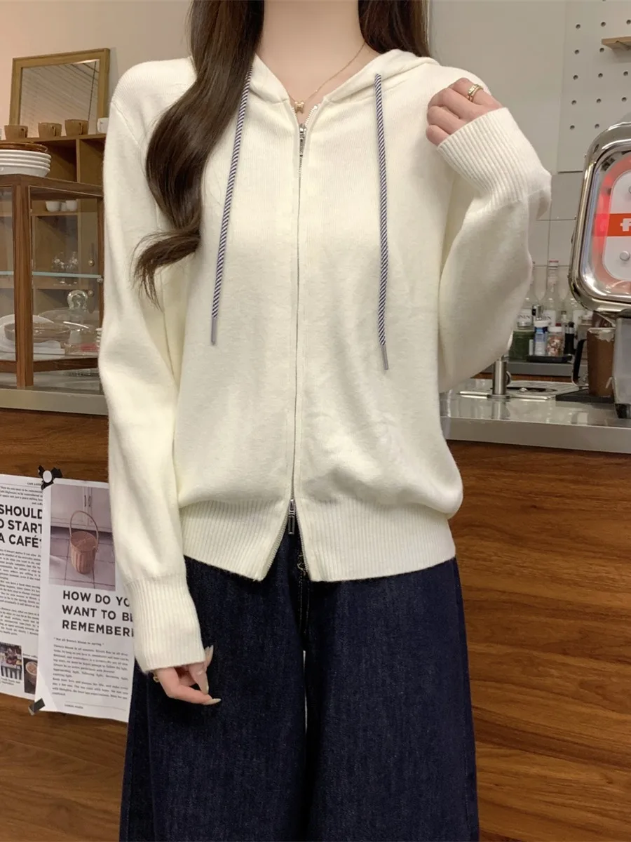 Inverno 2025 novo coreano sle solto ajuste zíper com capuz andy fce malha cardigan camisola jaet feminino faion casual wear