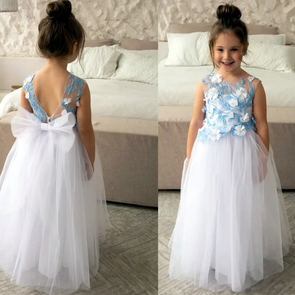 Flower Girl Dress Cute Girls Tulle Appliques Bow Sleeveless for Wedding Dresses Kids Birthday GIFT Banquet First Communion