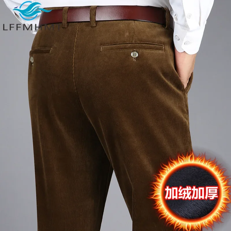 7712 Winter Corduroy Thick Warm Casual Pants for Men Middle-aged Men Vintage Trouser High Waist Loose Straight Solid Color Pants