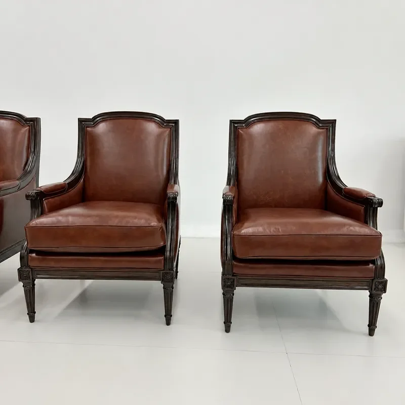 American Solid Wood Carved Floral Retro High Back Leather Single Sofa Living Room Leisure Chair for Small Apartment