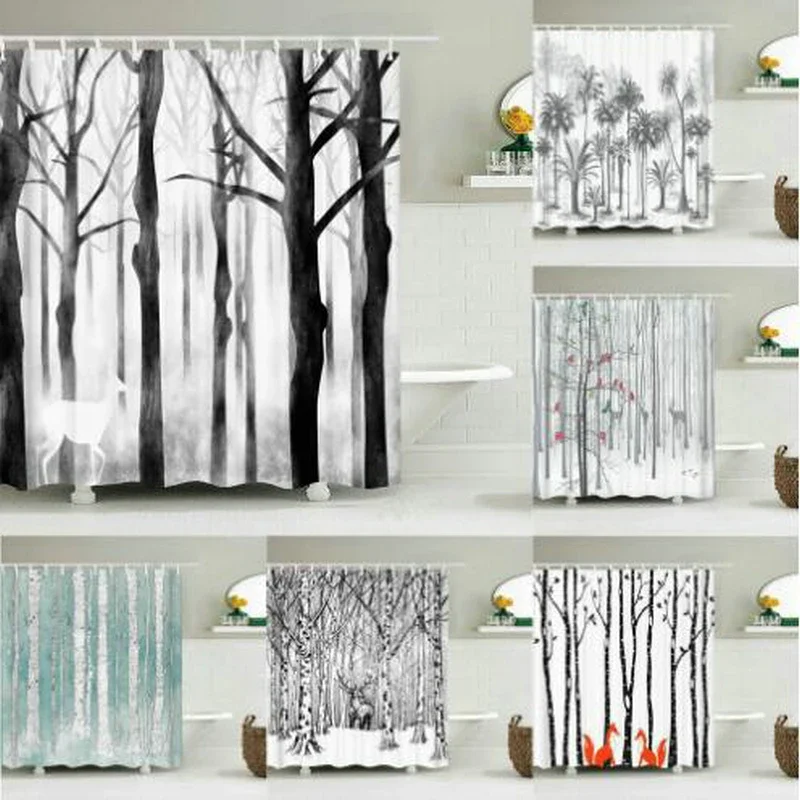 Waterproof Fabric Shower Curtains Flower Tree Leaves White Birch Bathroom 3D Print Wall Decoration Shower Curtainer Curtains Set