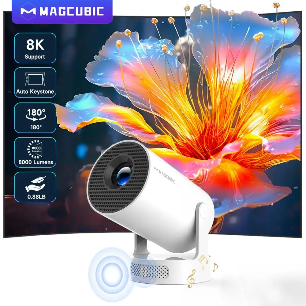 Projetor Magcubic 8K Wifi6 290ANSI Android 14 Dual WIFI Allwinner H726 BT5.4 1280*720P Cinema em Casa Portátil para Uso Externo HY300 Pro +