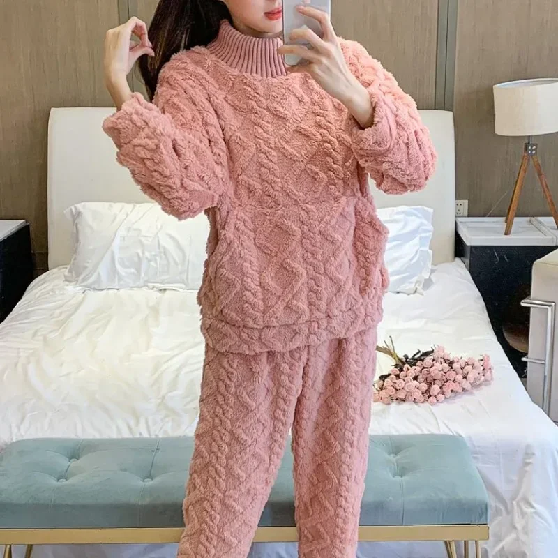 Women\'s Winter Warm Pajamas Sets Comfortable Long Sleeved Solid Color Jacquard Thickened Loose Fleece Pullover 2 Piece Sets