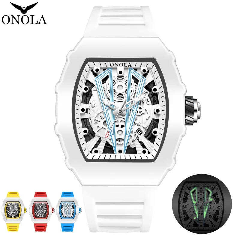 

Gift Box Watches for Man ONOLA 3826 Fashion White Quartz Wristwatches Luminous Calendar Waterproof Silicone Strap Man Watch