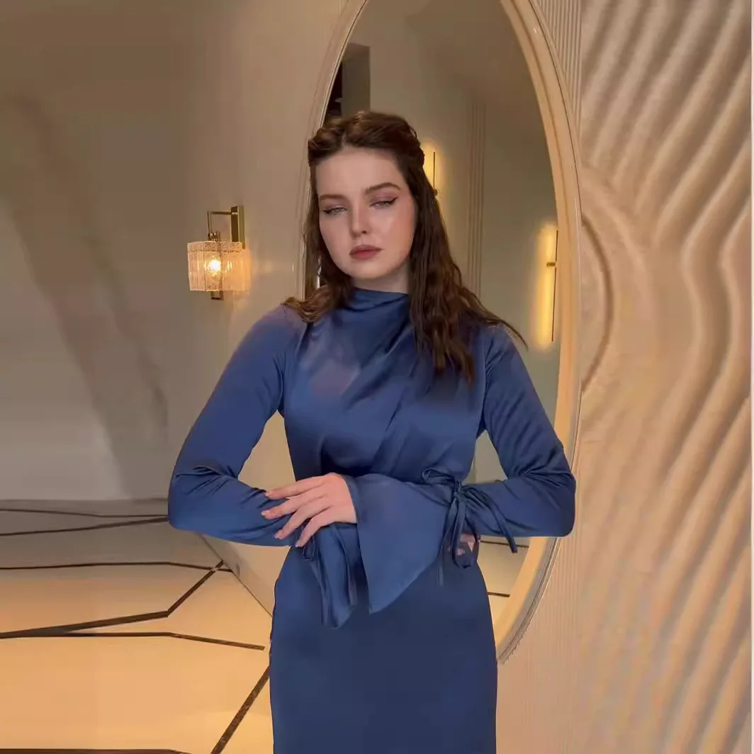 2024 New Sle Slim Fit Long Sve Satin Dr with  Knot Cross-Border Commute Wind mid Waist Irregular Skirt