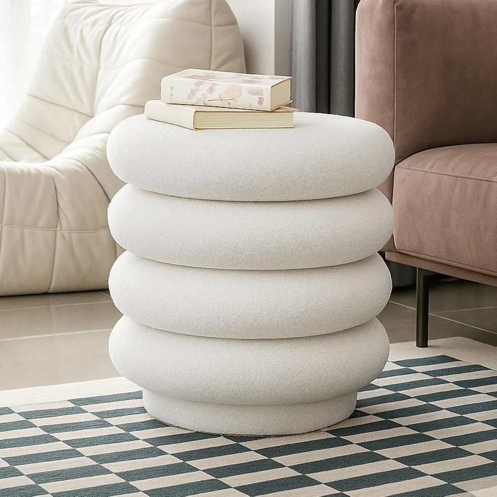 

Round Ottoman Foot Stool Fabric Storage Footrest Vanity Stool Chair, Modern Sherpa Upholstered Padded Seat with Lid for Living
