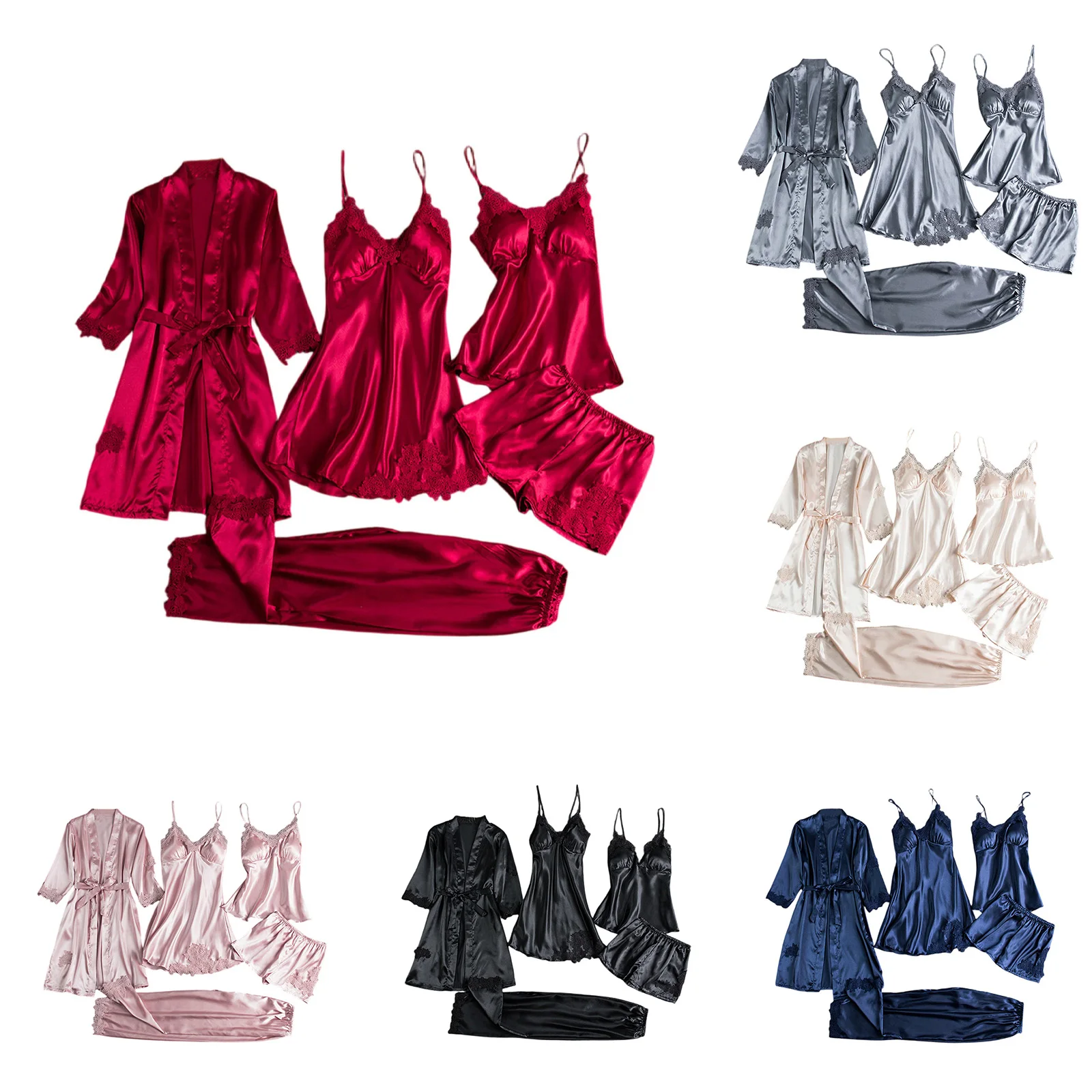 

Women Casual Simple Style Nightgown Set Lady Elegant Lace Decoration Suspender BathRobe Female Loose Stretchy Home Clothes