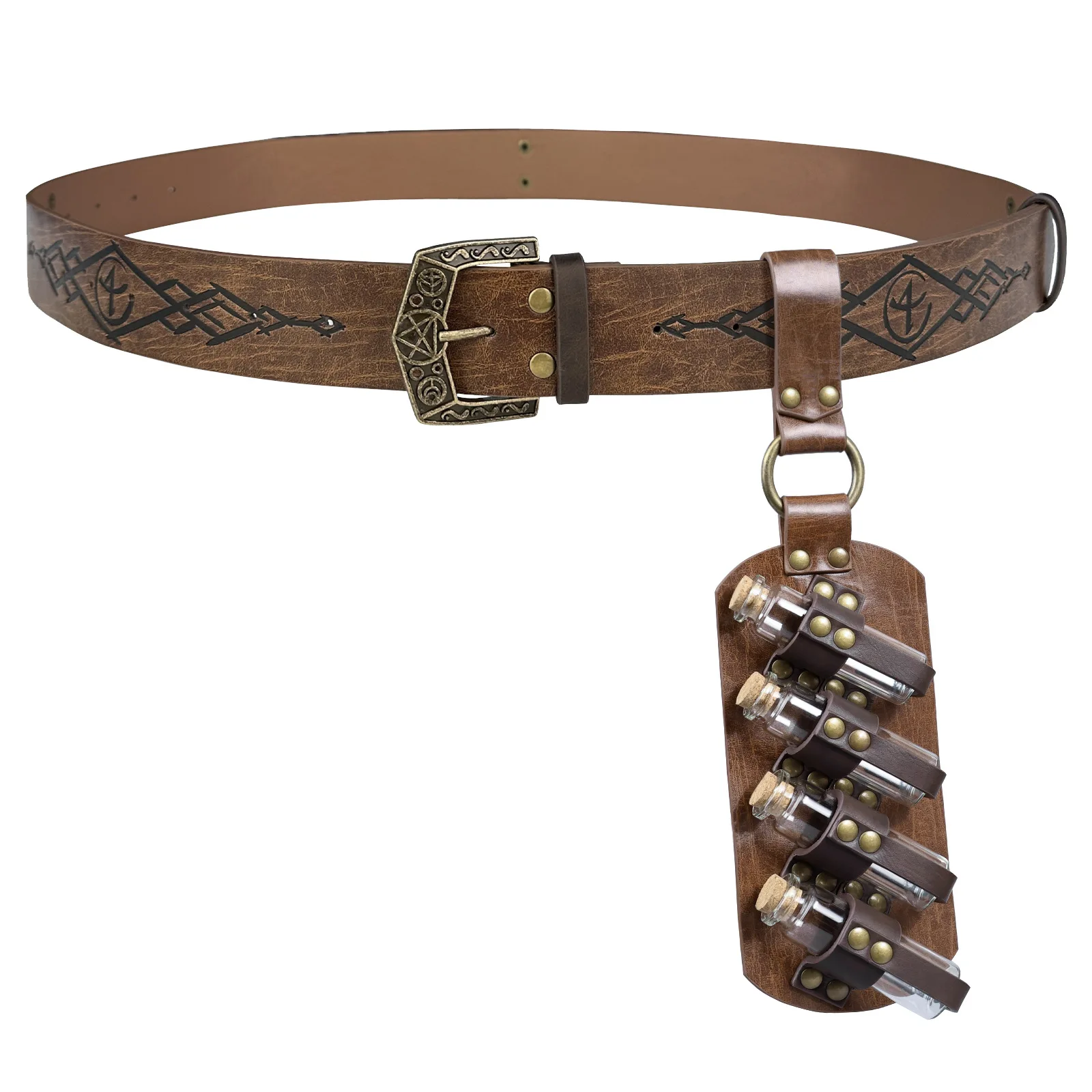 Viking Vintage Embossed Leather Belt with Alchemical Cork Potion Bottle   Medieval Cosplay Props
