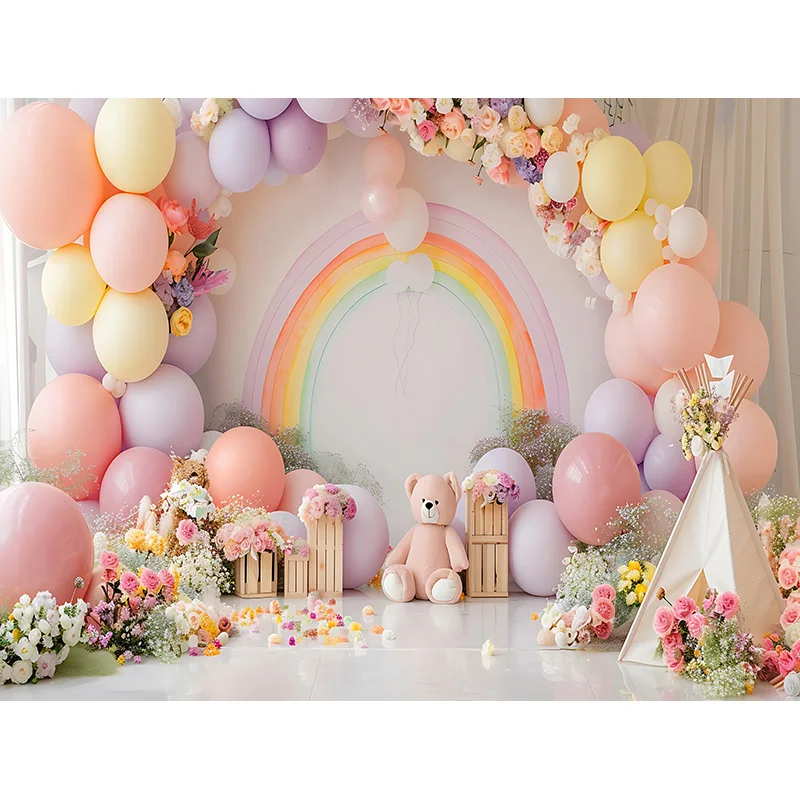 خلفية صورة لحديثي الولادة ، حفلة عيد ميلاد ، دمية دب ، لون قوس قزح ، بالونات ديكور قوس ، خلفية استوديو صور ،