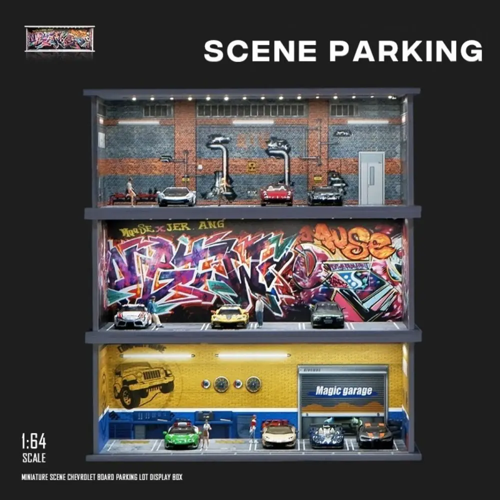 

1/64 Scale Garage Scene Model With Lights Miniature Parking Lot Model Showroom Simulation Car Model Display Box Collection Toys