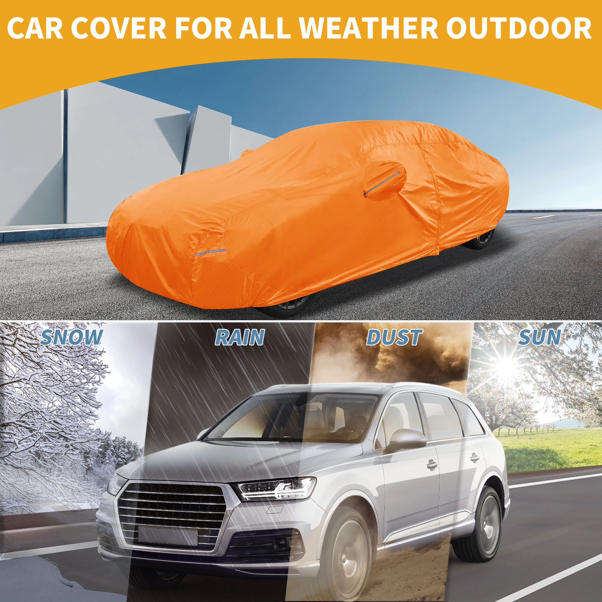 X Autohaux Full Car Cover Waterproof All Weather Outdoor Anti-UV for Kia Rio 210D-PU Orange with Reflective Strips